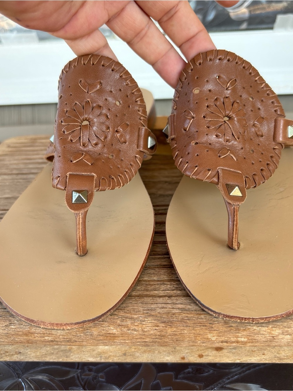 Jack Rogers Brown Leather T-Strap Sandals with Stud Detail 10 M